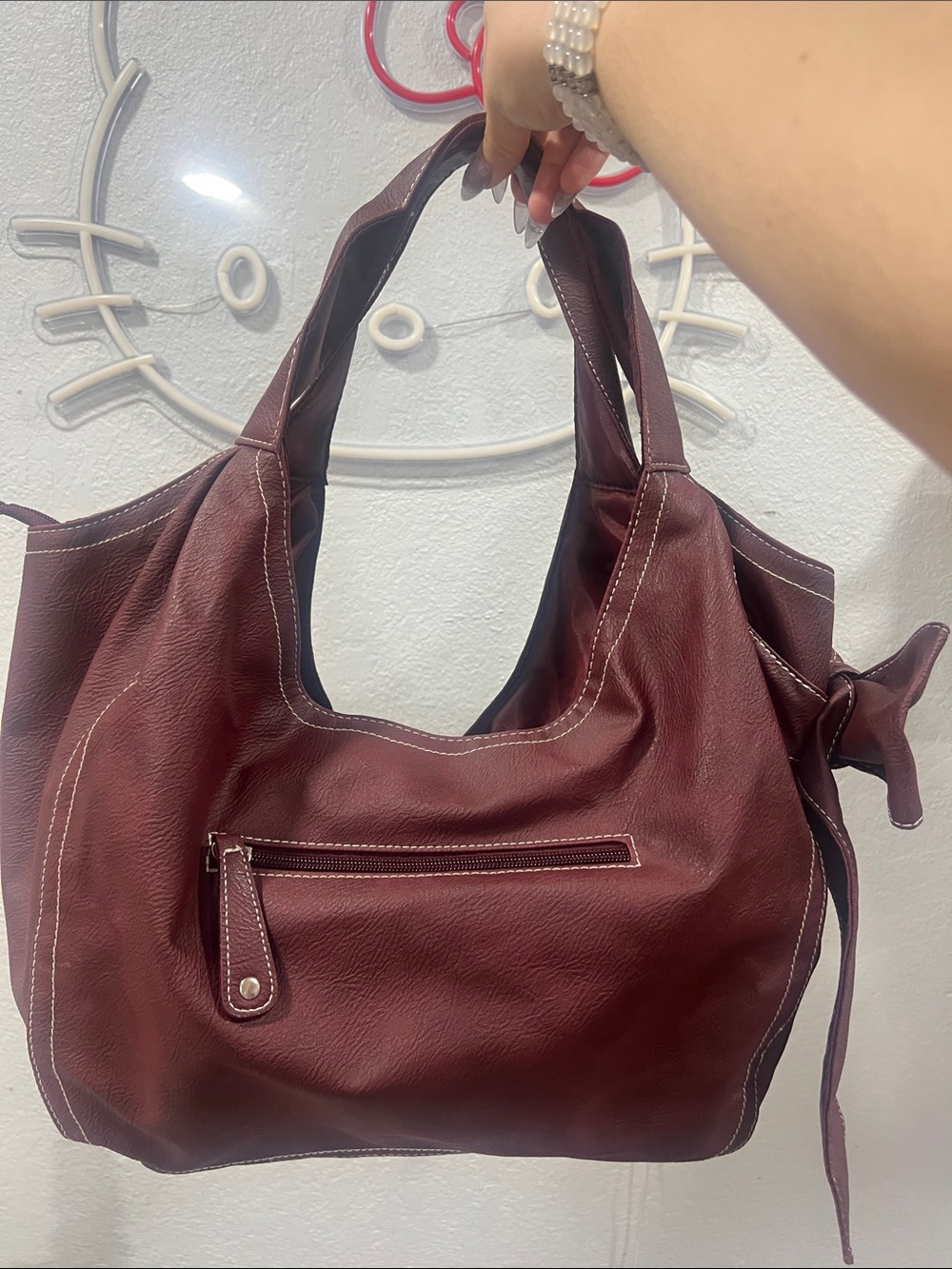 Ion. Maroon Pleather Shoulder Bag with Bow Detail